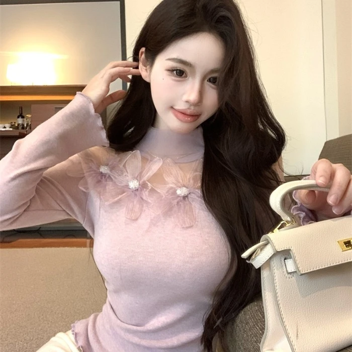 小香风花朵针织衫女秋冬半高领一字肩上衣蕾丝打底衫内搭圣诞T恤