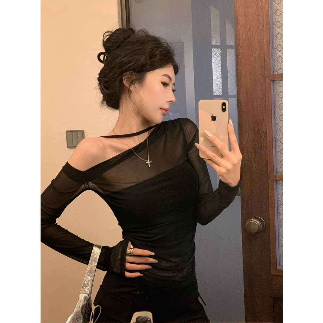 2025夏季性感辣妹风带裹胸上衣透视网纱长袖设计感防晒罩衫两件套