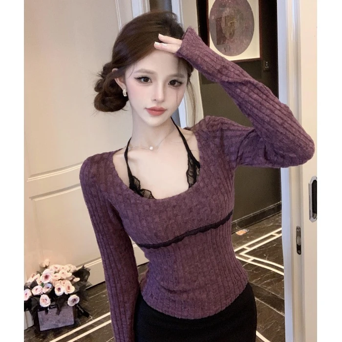 蕾丝假两件紫色针织衫女内搭秋冬一字肩挂脖上衣打底衫内搭高级感