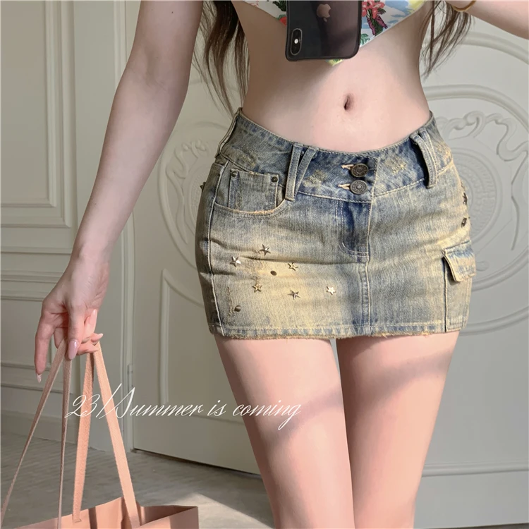 美式牛仔半身裙女2025新款夏天复古辣妹短裙高腰显瘦包臀a字裙子