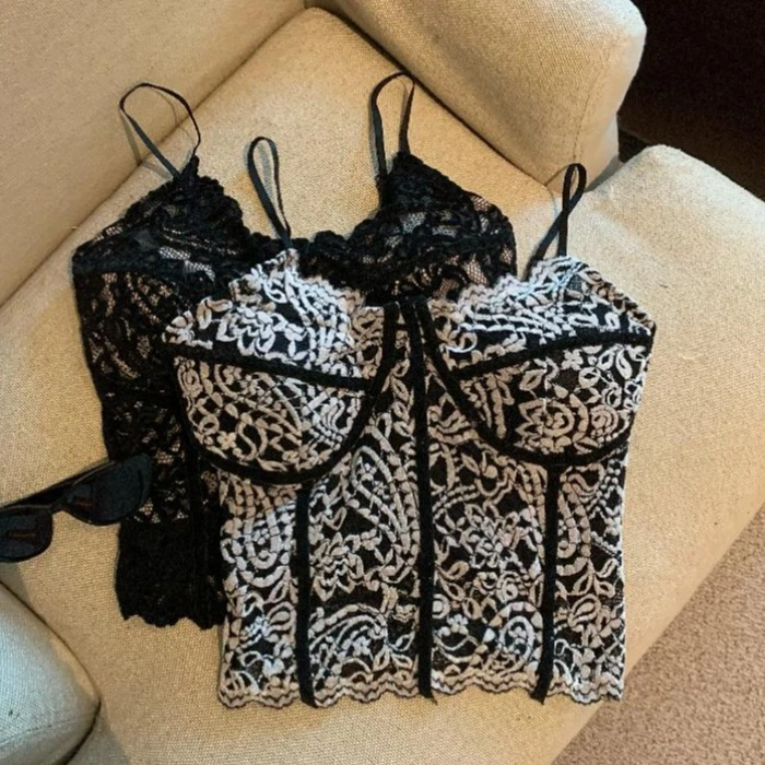 蕾丝拼接性感吊带背心女修身西装外套内搭带胸垫辣妹短款打底上衣