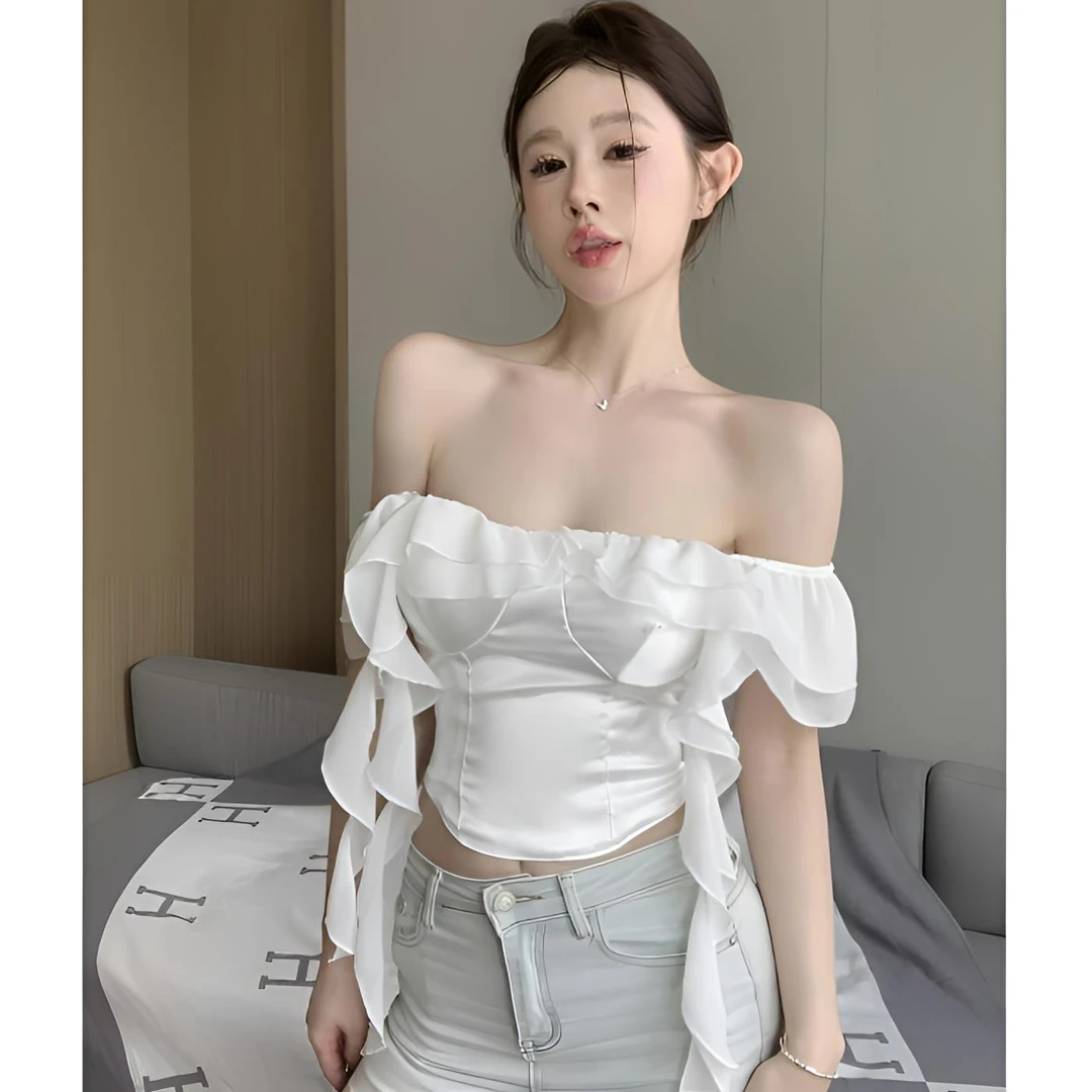 法式一字肩缎面拼接衬衫女夏不规则飘带短款露肩小众收腰鱼骨上衣