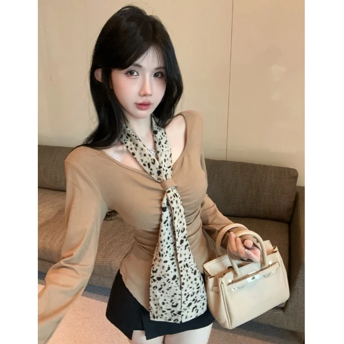 秋季纯欲风褶皱设计感豹纹飘带长袖上衣t恤女紧身洋气小众打底衫