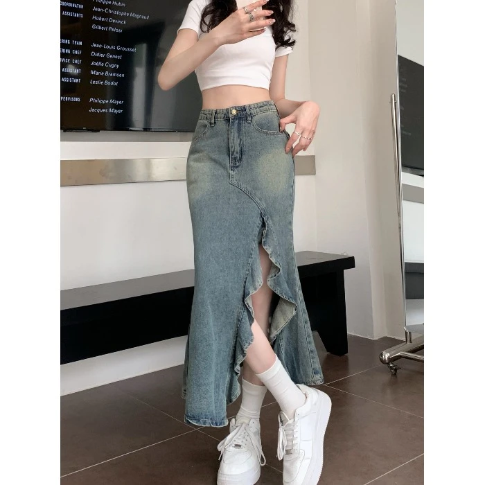 酷辣妹复古不规则牛仔半身裙女夏新款高腰显瘦波浪开又鱼尾A字裙