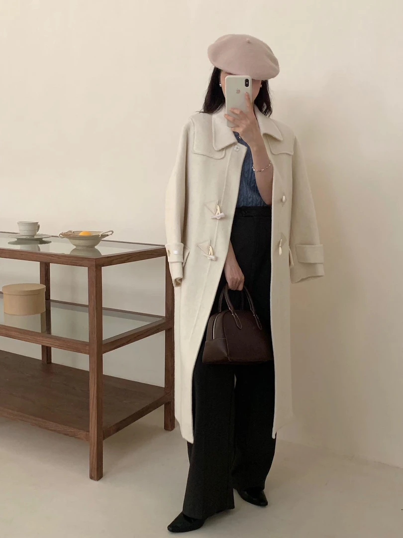 米雅【867】羊毛大衣气质双面呢牛角扣宽松长款秋冬时尚韩版冬季