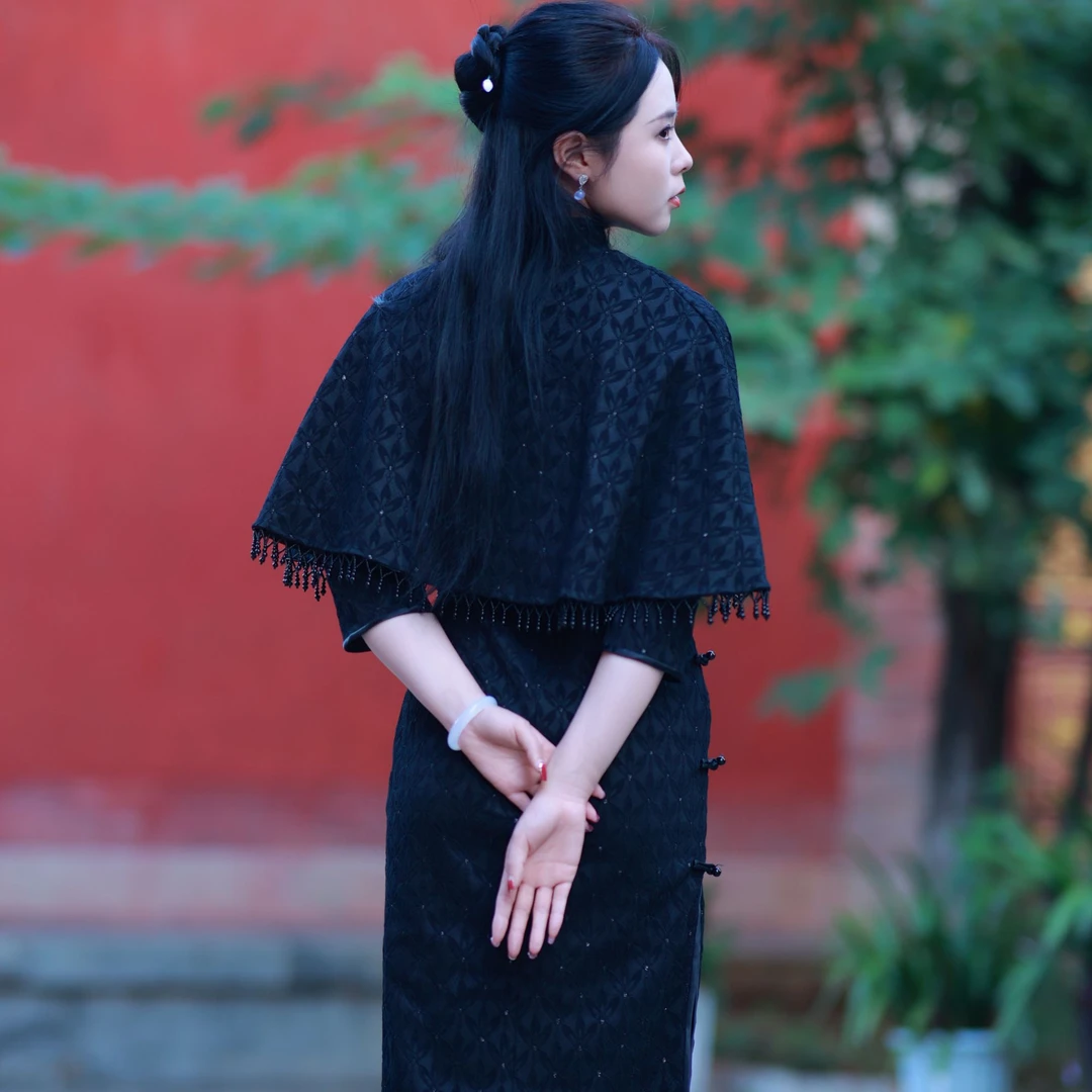 【夜色墨染】蕾丝披肩黑秋冬珍珠中国风旗袍2430