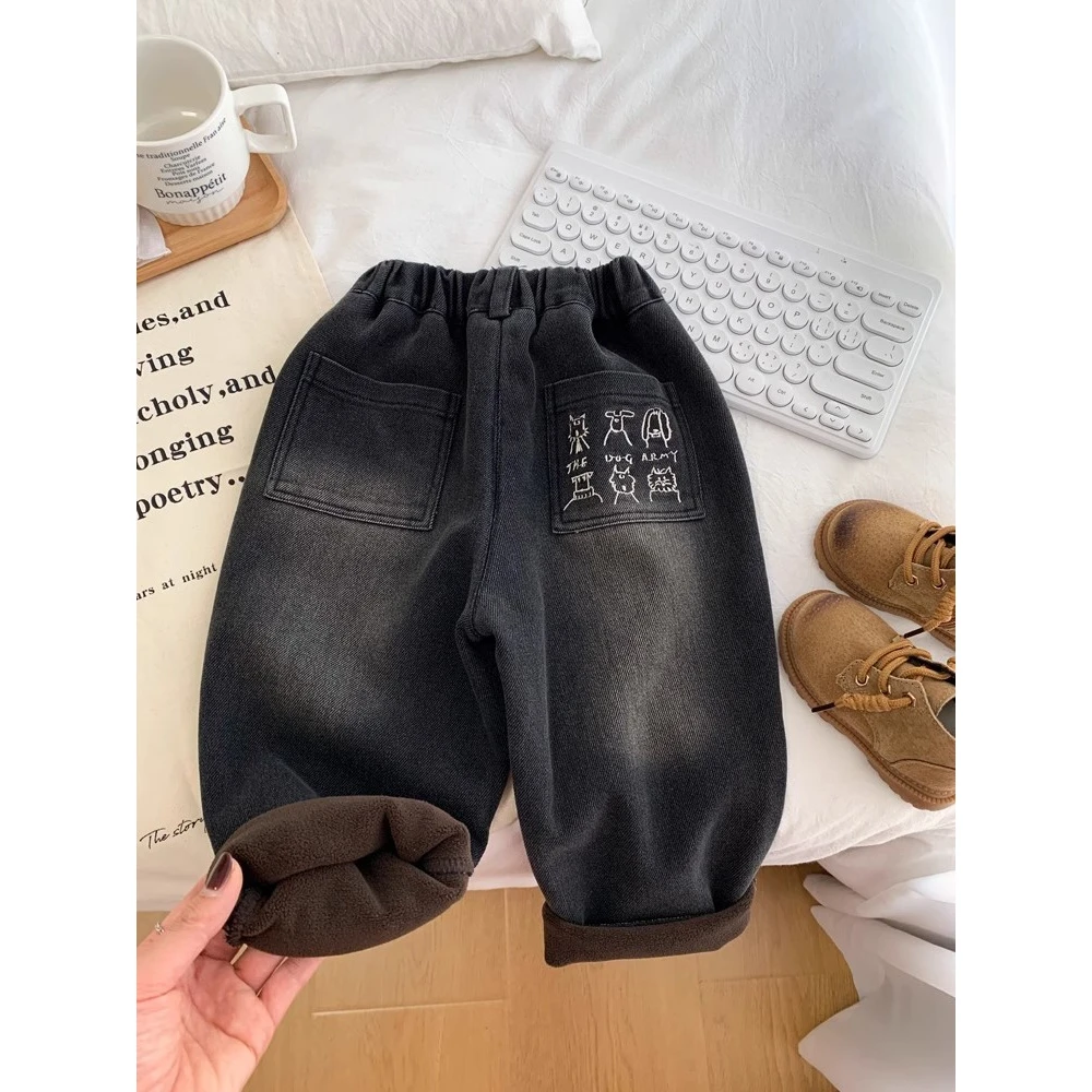 【热推爆款】男童加绒牛仔裤冬季儿童柔软一体绒裤子中童洋气韩版