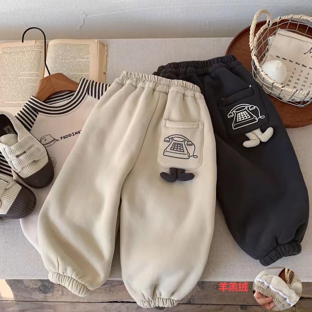 【热推爆款】男童羊羔绒裤子加绒加厚2024新款卡通立体宝宝加厚裤子