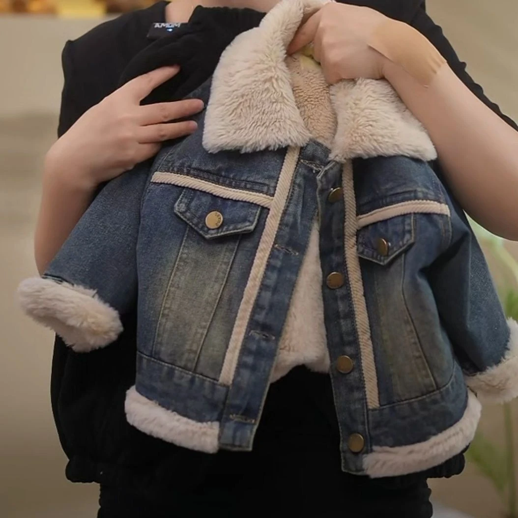 儿童加绒牛仔外套秋冬款男女童牛仔加绒加厚派克服冬季百搭保暖