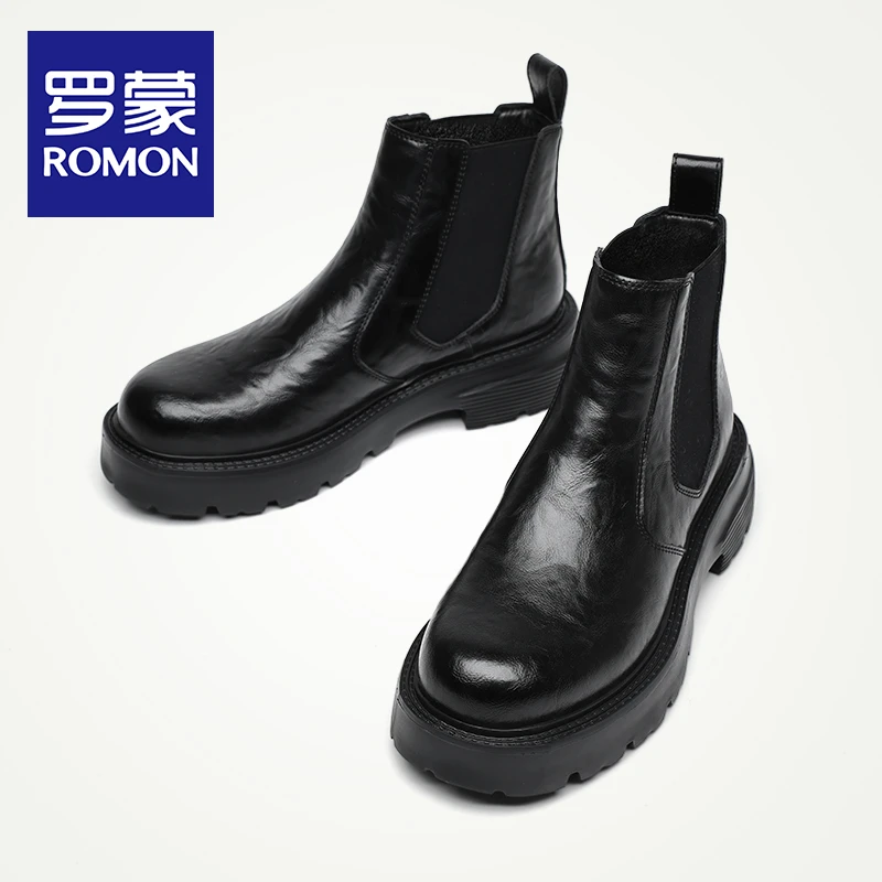 Romon/罗蒙马丁靴男冬季切尔西靴子厚底男鞋英伦黑色圆头百搭男靴