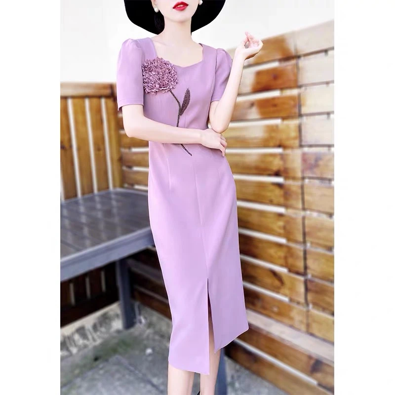 沫沫精选优质轻奢立体大花朵修身连衣裙气质显瘦夏季时尚名媛中长