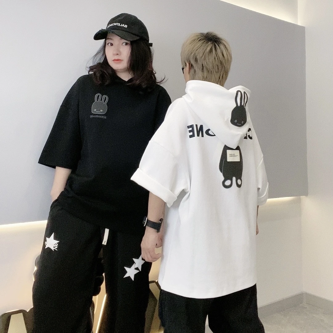 2168男女生潮牌百搭情侣装短袖宽松韩版休闲时尚百搭夏季连帽T恤