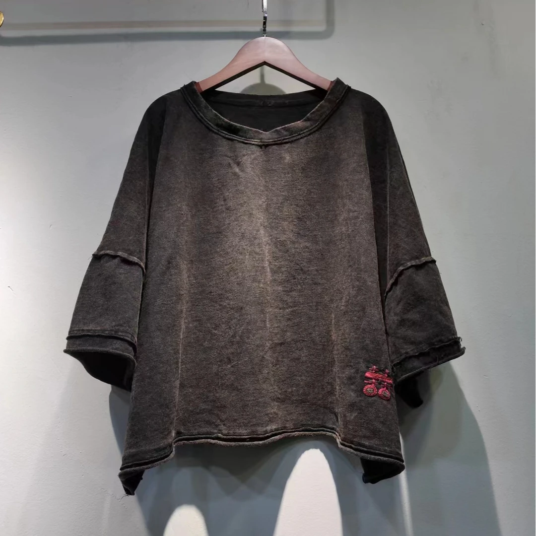 2024新款时尚宽松百搭复古水洗做旧夏季女士短袖