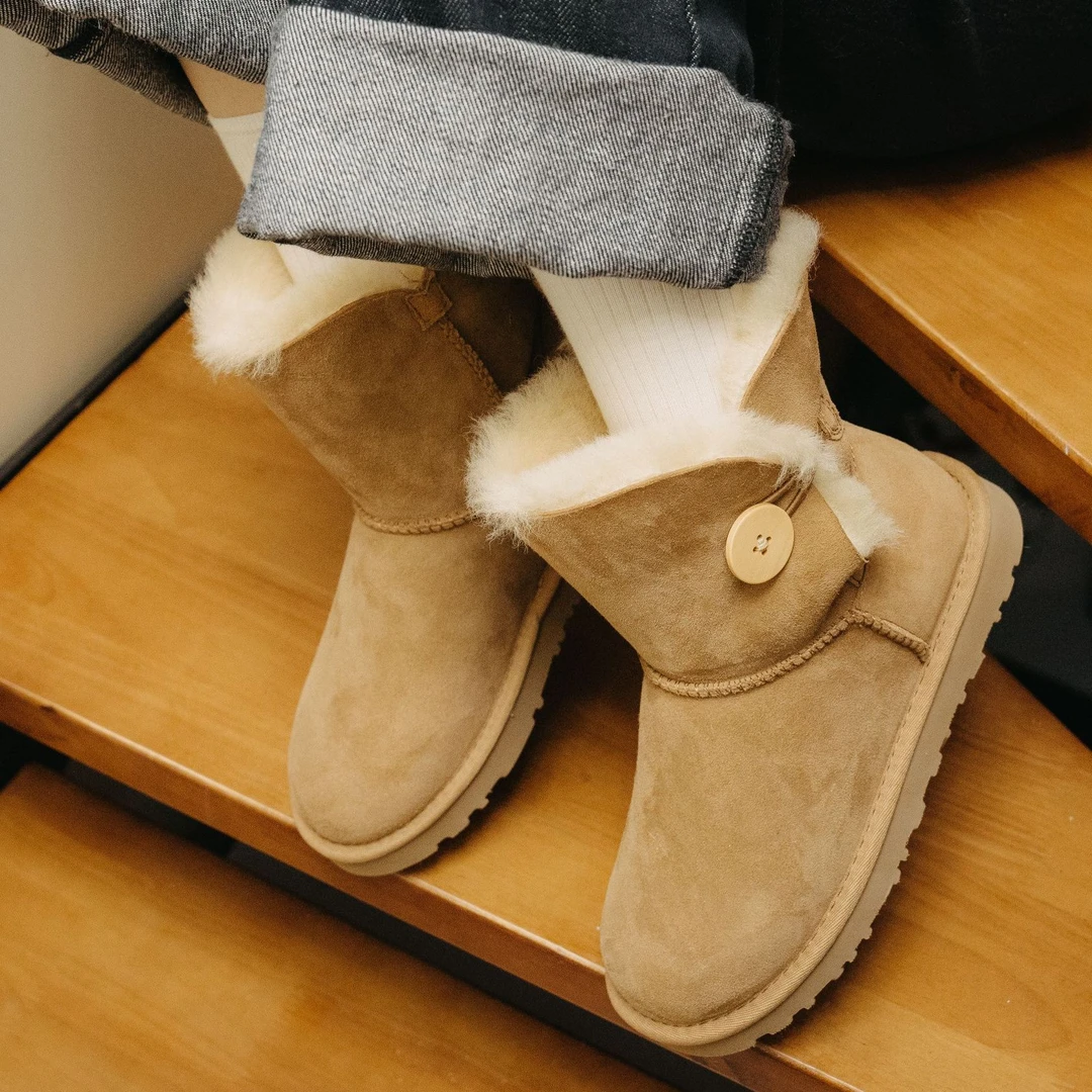 【经典中筒一粒扣5803】经典羊皮毛高筒可下翻女款两穿加厚雪地靴