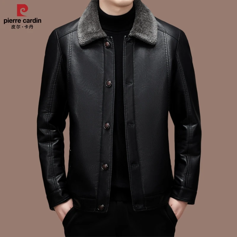 【皮尔卡丹】冬季新款男士海宁皮衣休闲时尚中年加绒保暖皮夹克外套