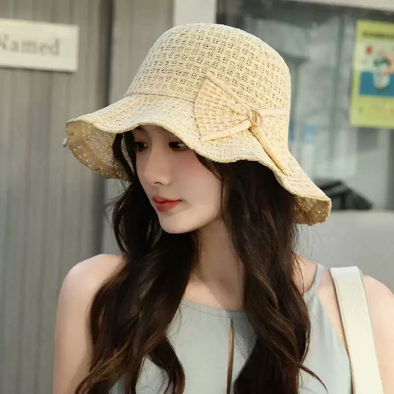 镂空渔夫帽女新款夏季时尚蝴蝶结遮阳帽可折叠防晒太阳帽百搭