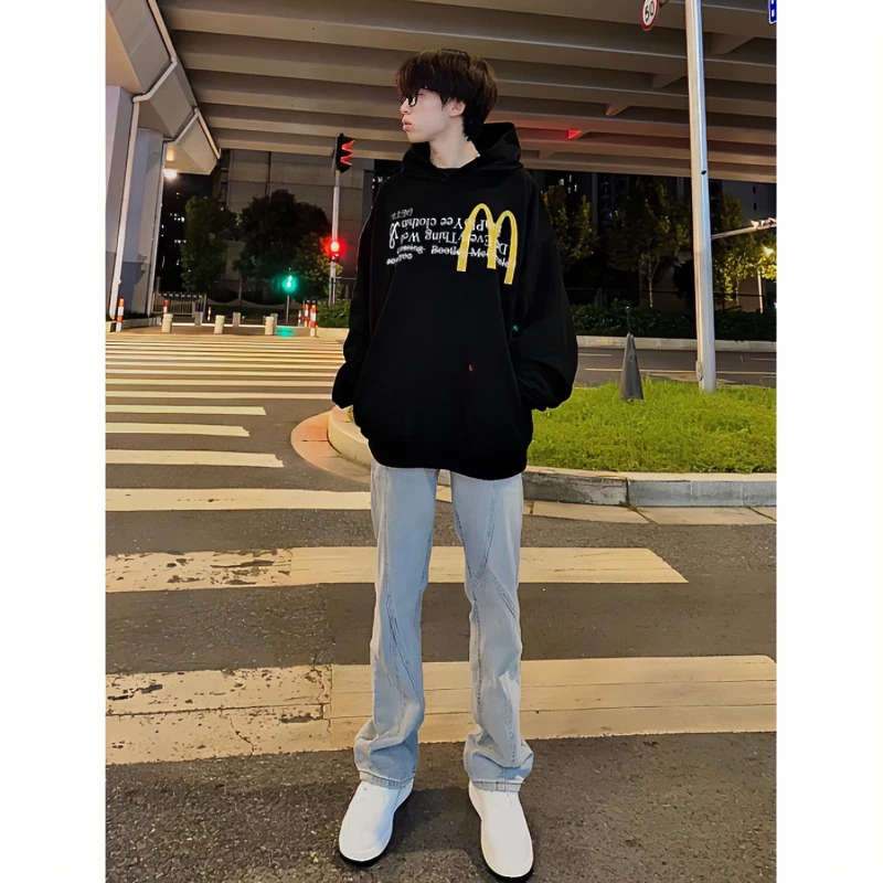 国潮牌高街字母印花重磅卫衣男连帽加绒加厚情侣美式复古秋冬帽衫