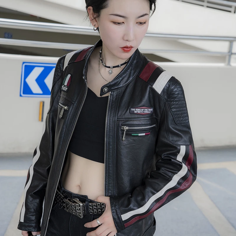 2025秋冬机车风皮夹克男女同款真皮机车皮衣立领刺绣潮牌黑红夹克