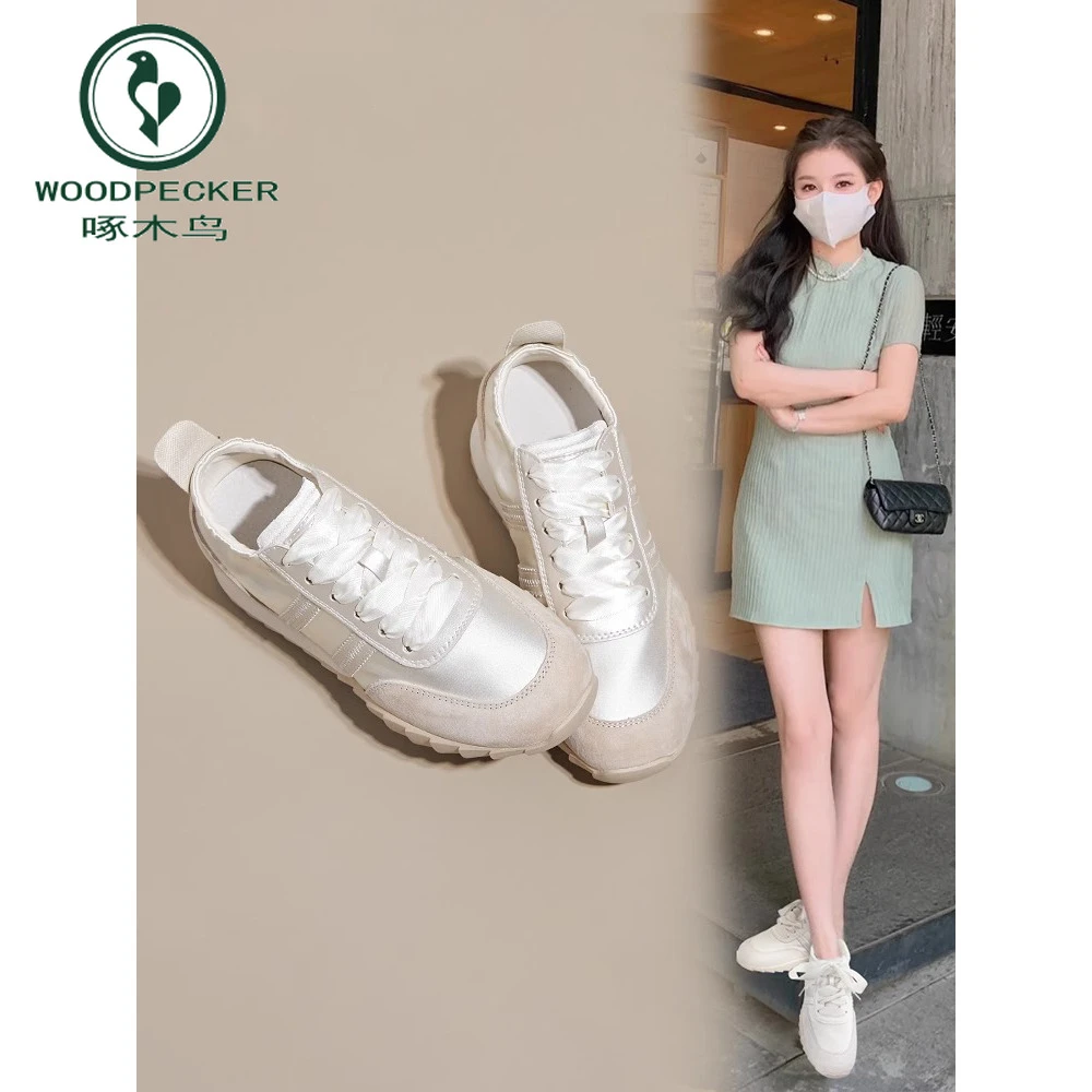 啄木鸟德训鞋女夏芭蕾鞋子2024新款缎面小个子厚底透气小白阿甘鞋