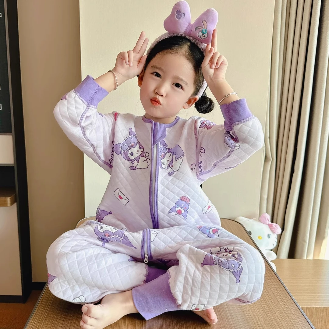 春季新款女童纯棉无骨分腿睡袋男童空气棉防踢被儿童连体睡衣神器
