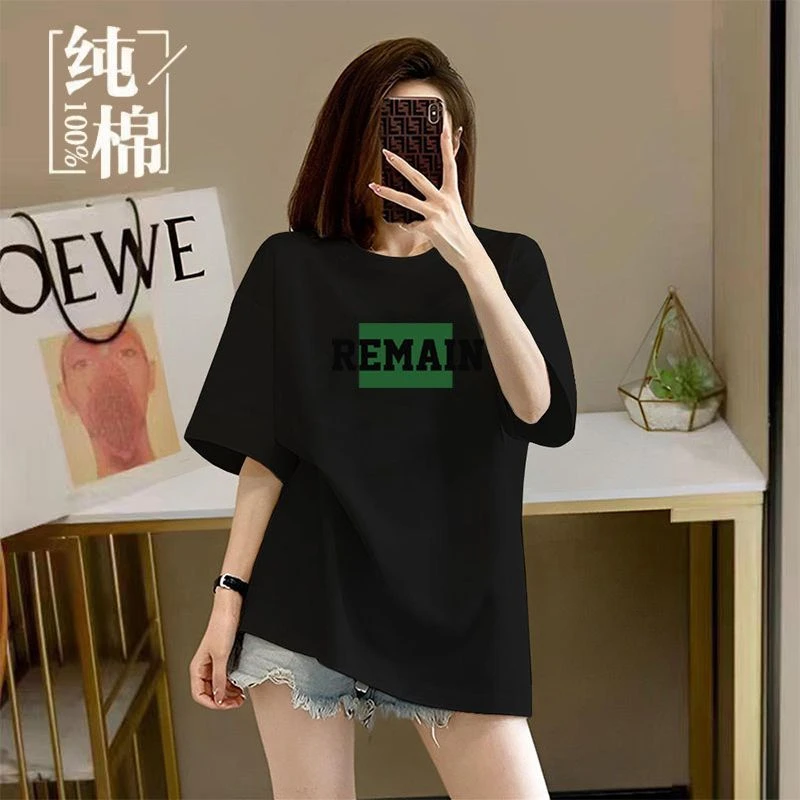 100%纯棉短袖t恤女装夏季2025新款圆领宽松印花显瘦中长款上衣衫
