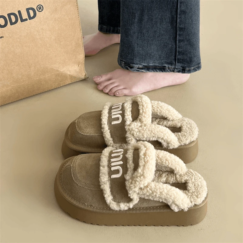 包头毛毛拖鞋女秋冬外穿2024新款加绒加厚保暖厚底增高防滑棉拖鞋