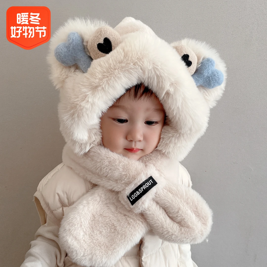 儿童帽子围巾一体秋冬季加厚保暖可爱毛绒宝宝小孩防风护耳帽