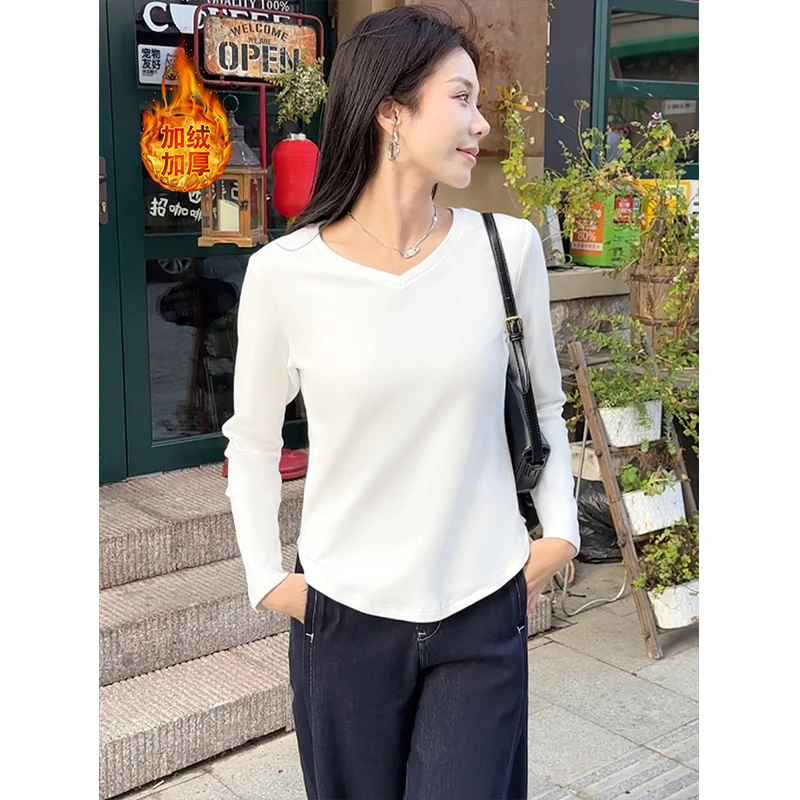 大码宽松双面绒打底衫秋冬款t恤女加绒加厚时尚显瘦内搭长袖上衣