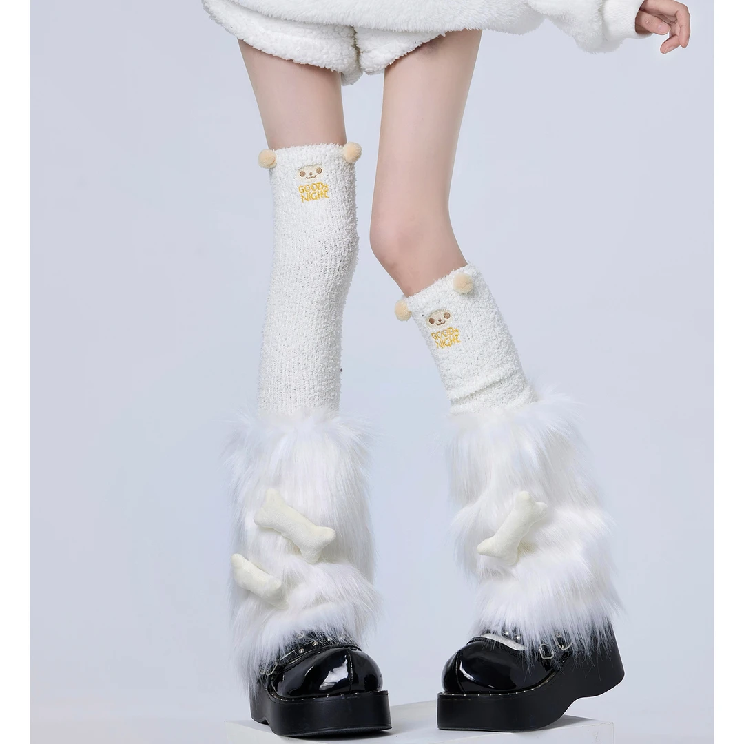 珊瑚绒小羊可爱动物过膝袜女叠穿白色毛毛腿套亚文化骨头堆堆袜套