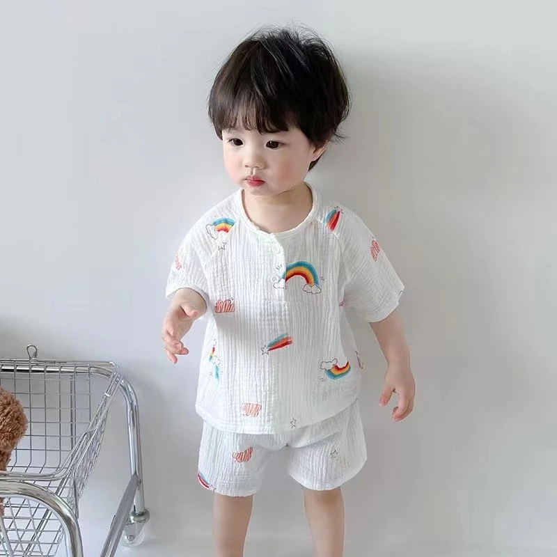 儿童薄款棉纱布睡衣夏季女童家居服男宝宝新生儿纯棉空调服套装