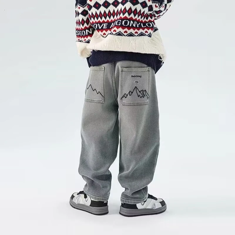 儿童PP口袋刺绣水洗牛仔裤一体绒长裤中大童冬季加厚宽松休闲裤潮