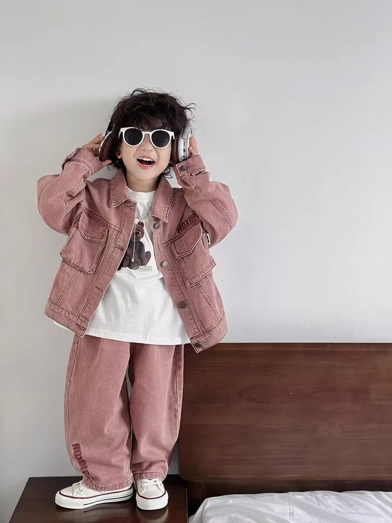 童装儿童牛仔套装2025春秋新款粉色痞帅宝宝外套男童两件套潮酷