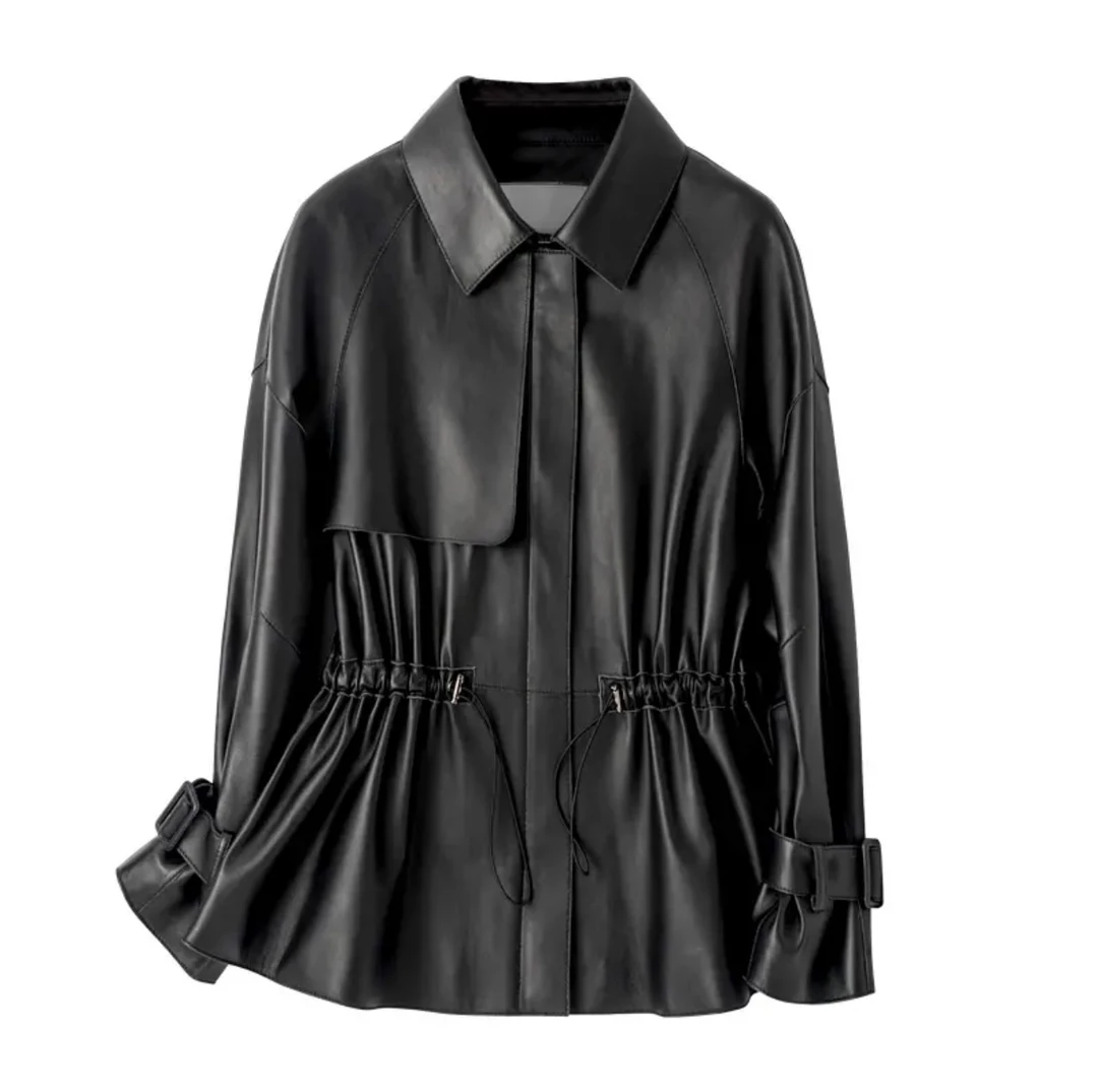 修身收腰绵羊皮翻领外套夹克真皮机车服显瘦皮衣韩版时尚百搭宽松