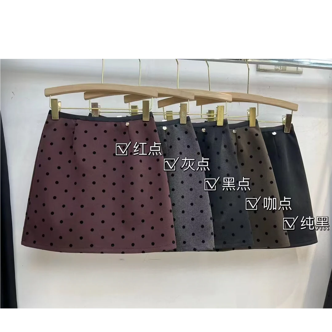 毛呢半身短裙秋冬小个子波点高腰包臀a字半身裙复古显瘦气质短裙