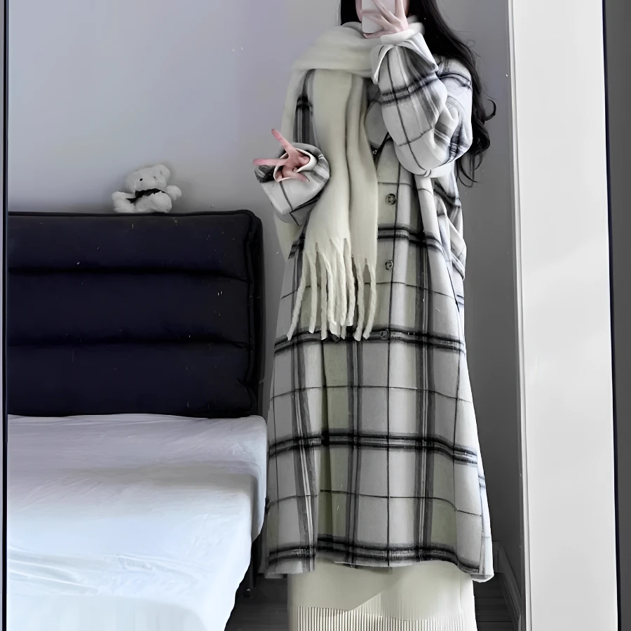 高级感格子毛呢大衣女中长款2024新款韩系秋冬小个子宽松呢子外套