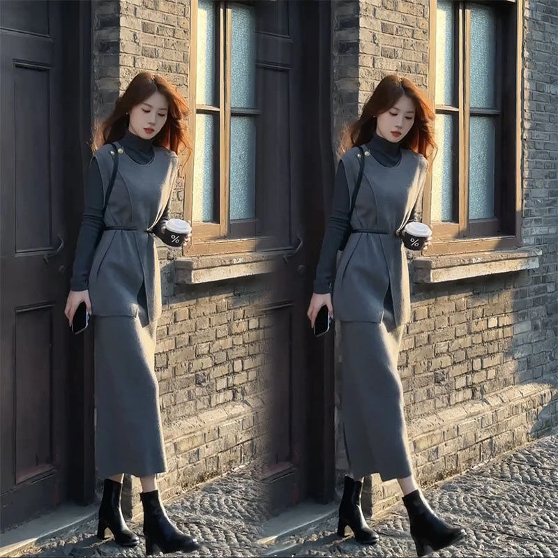 2024年秋季新款时尚气质套装马甲长袖打底衫高腰半身裙三件套潮