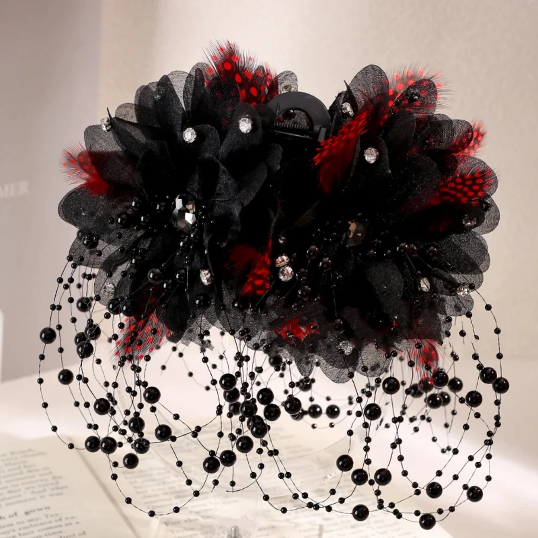 奢香夫人牡丹花羽毛流苏珠珠款抓夹气质百搭13cm大抓夹发量多发饰