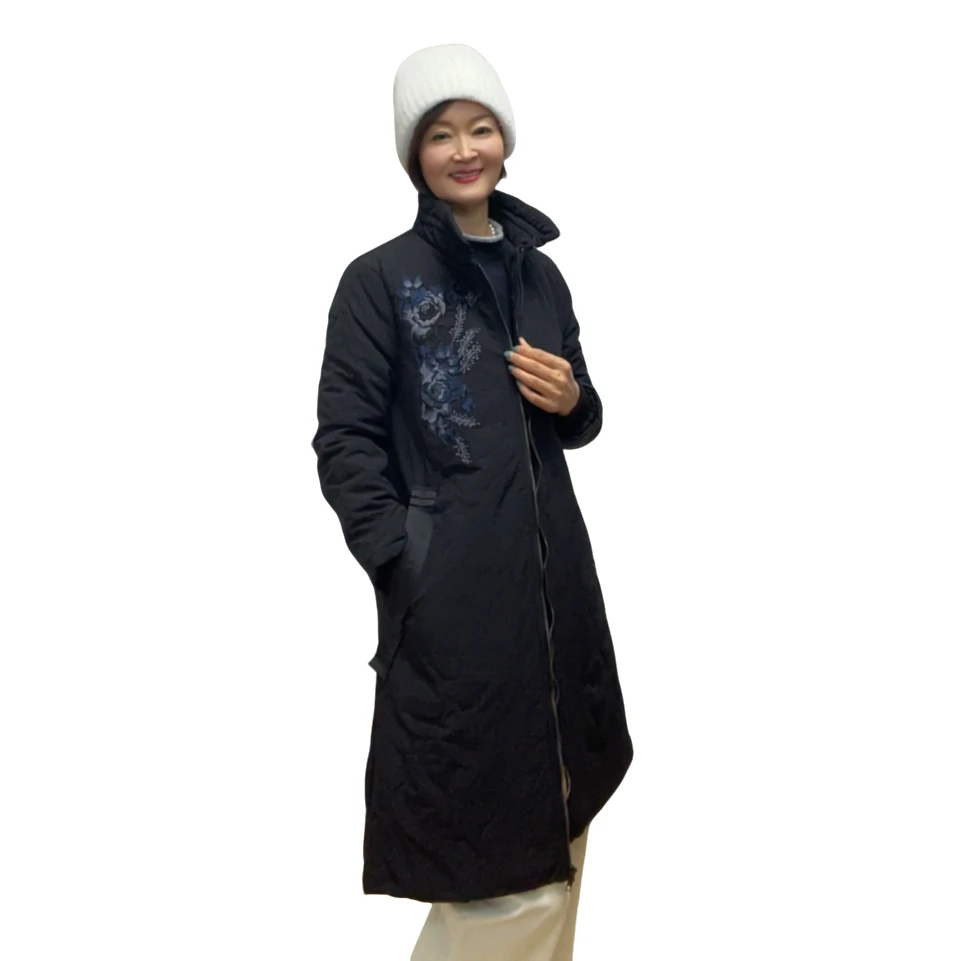 【延姐姐】2025新款韩国秋冬重工刺绣A字版保暖时尚女士中长款棉服