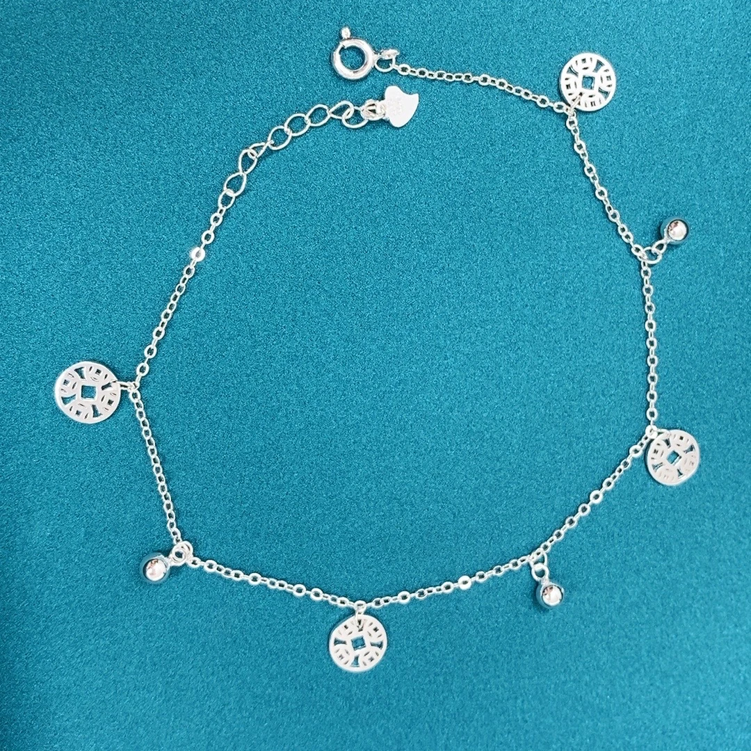 足银脚链 纯银脚链女铜钱脚链铃铛脚链女古风森系网红性感送闺蜜