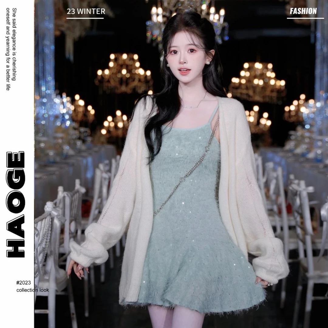 白开水慵懒风编织开衫针织毛衣外套女春款薄荷曼波新款连衣裙套装