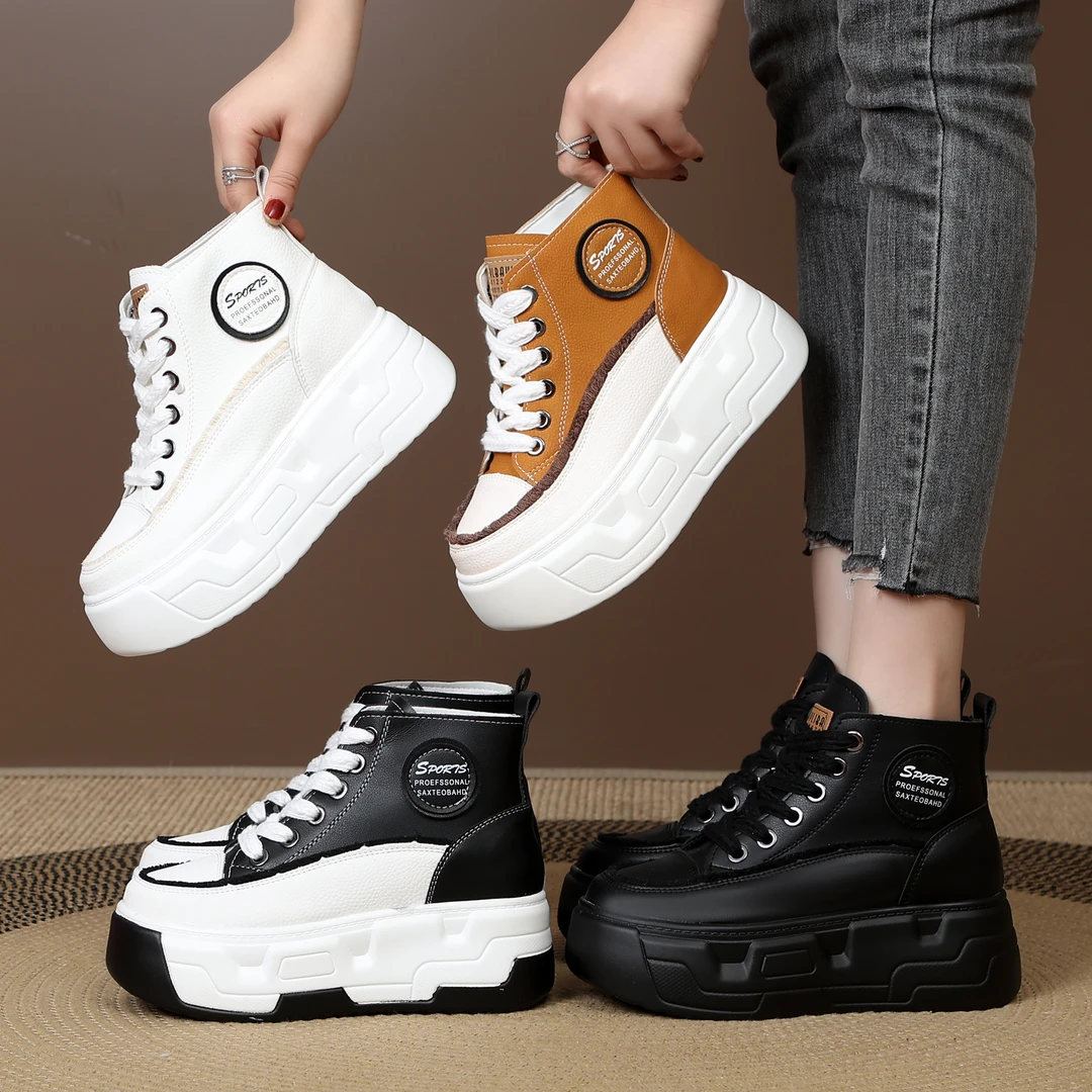 超高跟10cm内增高女鞋冬季新款百搭厚底加绒短棉鞋时尚休闲高帮鞋