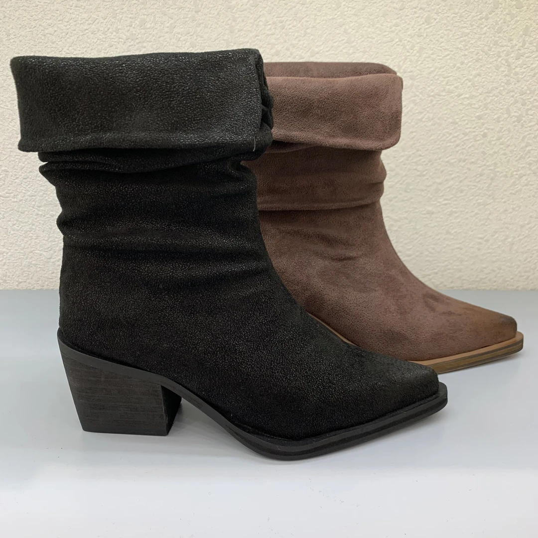 2024年新款磨砂中筒靴女尖头跟褶皱堆堆靴西部牛仔靴