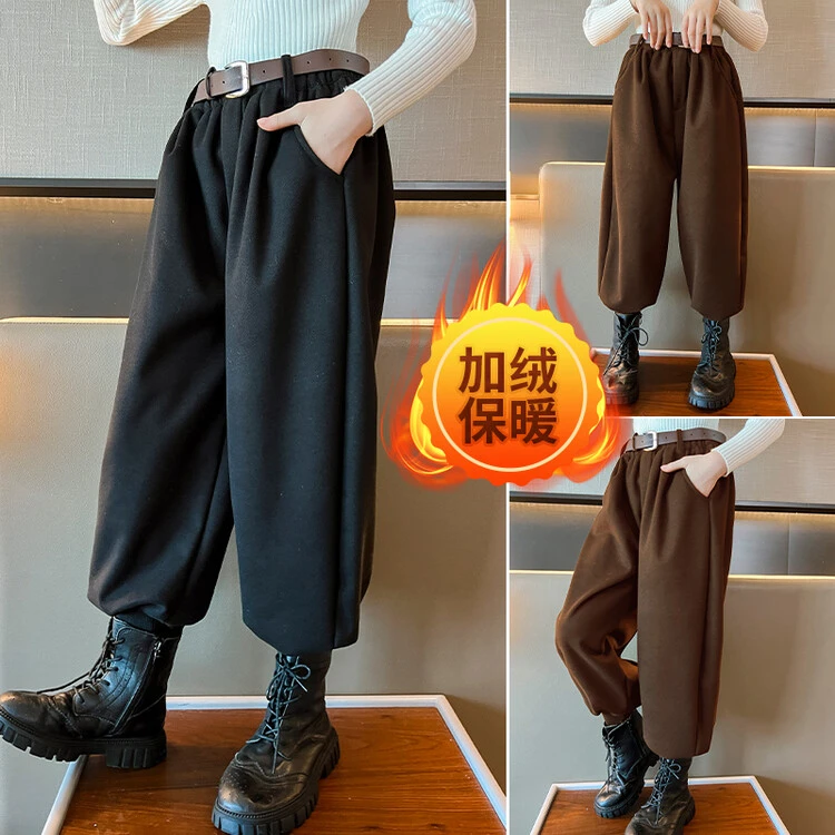 女童冬季新款韩版时髦加绒加厚腰带哈伦裤套装