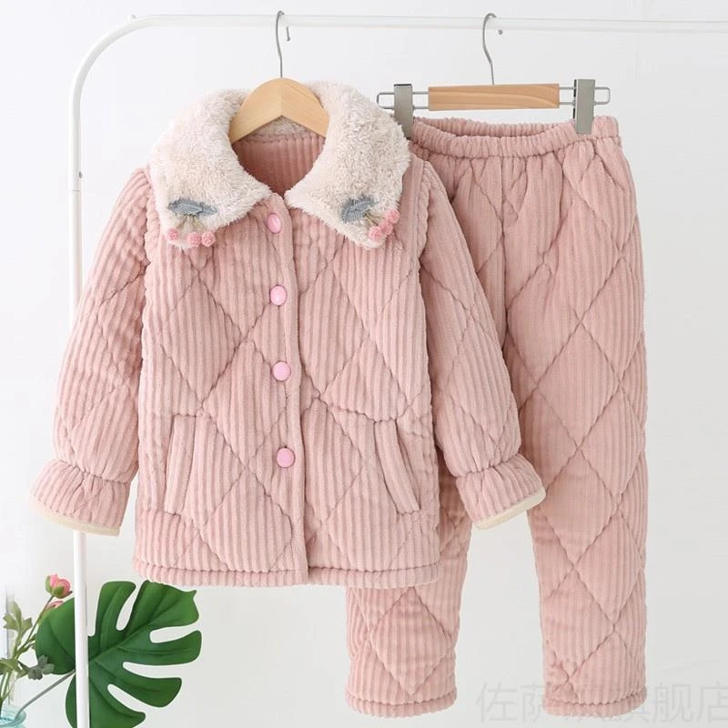 女童睡衣冬季加厚款儿童家居服加绒大童夹棉法兰绒女孩秋冬珊瑚绒