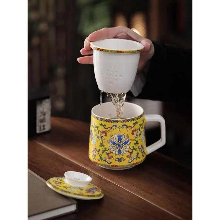 琨德珐琅彩泡茶杯个人陶瓷办公杯水杯茶水分离杯子s0409