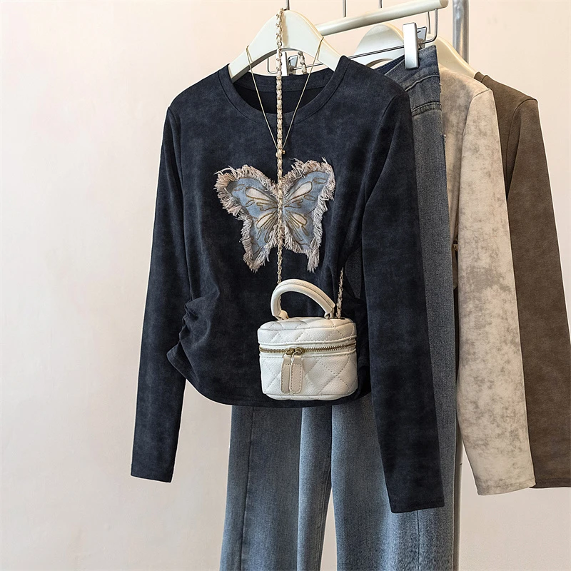 大码女装2024秋季新款显瘦收腰蝴蝶结长袖T恤上衣1391