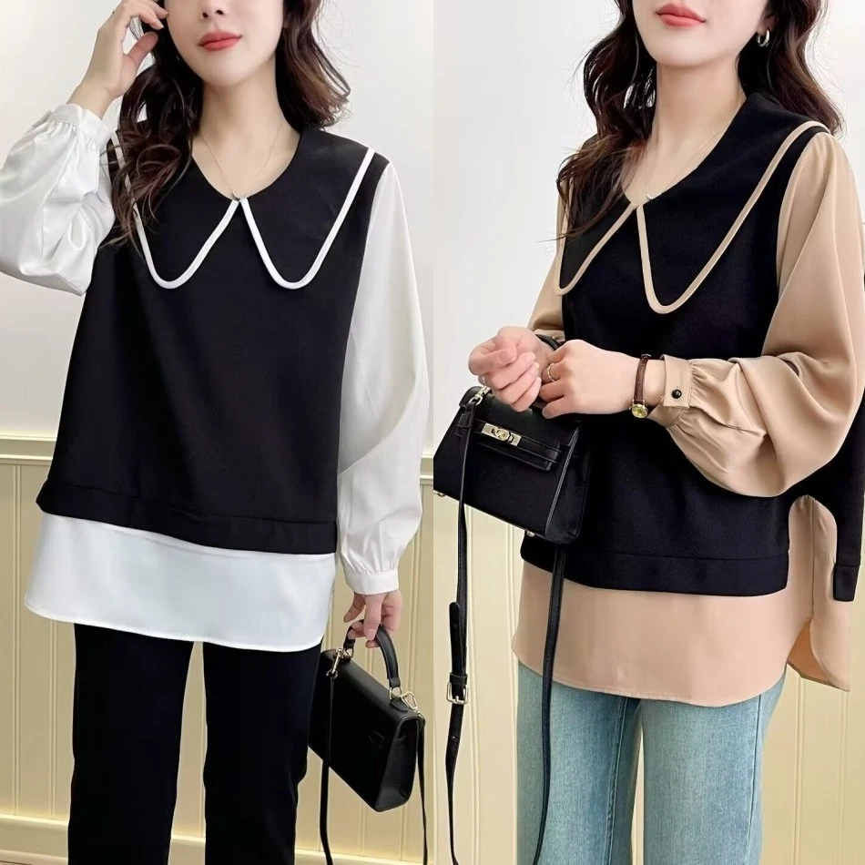 大码胖mm早秋新款洋气宽松遮肉娃娃领衬衫女休闲拼色减龄显瘦上衣