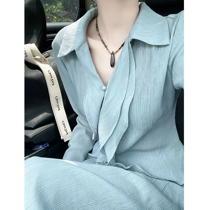 微胖荷叶边长袖衬衫女秋装设计感不规则半身长裙茶系穿搭一整套装