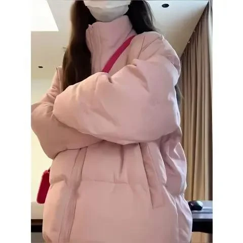 秋冬季奶呼呼粉色羽服女冬季立领韩版宽松加厚软糯糯夹外套潮小个