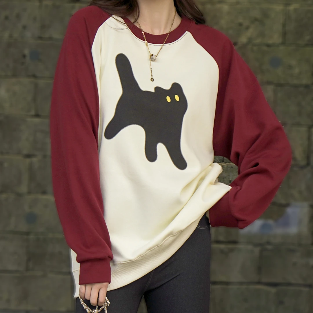 圆领卫衣女秋季拼色中长款宽松休闲情侣韩版长袖ins学生外穿卫衣